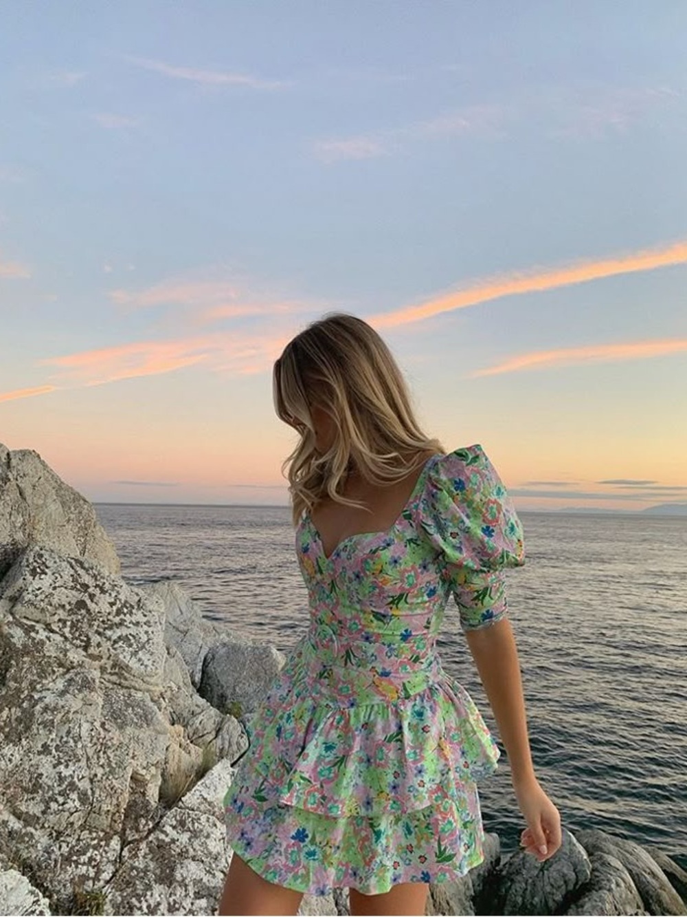 For Love & Lemons Floral Puff-Sleeve Tiered Mini Dress
